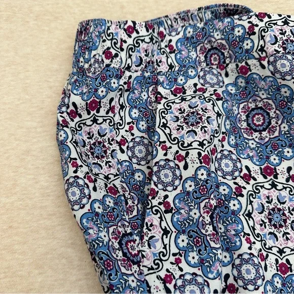 Loft Women's Size L Floral Linen Blue Cotton Elastic Waist High Rise Crop Pants - Picture 4 of 9